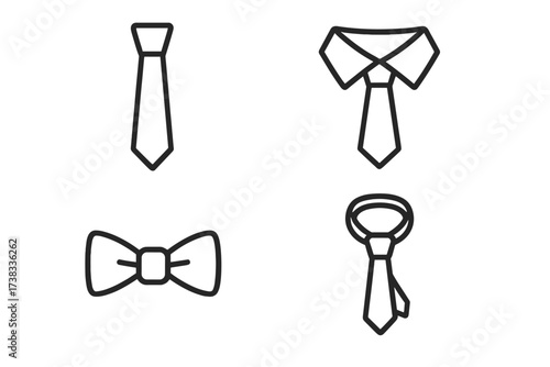 Tie and bow tie line icon set. Business man fashion symbol. Formal wear, necktie with collar outline icons. Editable stroke vector for web, apps, ux, ui design.