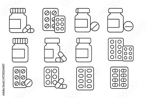 Medication line icon set. Pills, tablets and capsules in bottles and blister packs. Simple vector graphics for pharmacy, healthcare and medical concepts. Drugstore symbols.