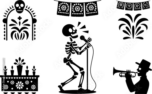 black  6 silhouette bundle of Skeleton singer, Skull frame, Flower arch, Altar table, Trumpet player, Papel picado banner 