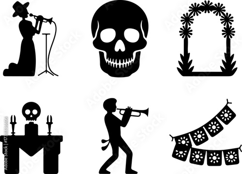 black  6 silhouette bundle of Skeleton singer, Skull frame, Flower arch, Altar table, Trumpet player, Papel picado banner 