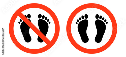 Set of 'no step' or 'no Barefoot' prohibition signs. This simple vector icons with footprint symbol  perfect for public safety notices