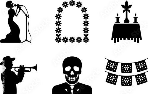 black  6 silhouette bundle of Skeleton singer, Skull frame, Flower arch, Altar table, Trumpet player, Papel picado banner 