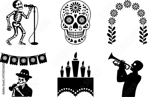 black  6 silhouette bundle of Skeleton singer, Skull frame, Flower arch, Altar table, Trumpet player, Papel picado banner 