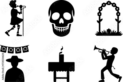 black  6 silhouette bundle of Skeleton singer, Skull frame, Flower arch, Altar table, Trumpet player, Papel picado banner 