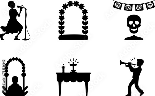 black  6 silhouette bundle of Skeleton singer, Skull frame, Flower arch, Altar table, Trumpet player, Papel picado banner 