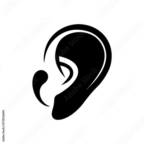 Stylized ear icon in black and white art on transparent background silhouette