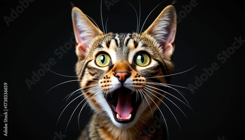 Surprised tabby cat portrait with wide eyes and open mouth on black background. Cat face is close up with visible whiskers and sharp teeth. Animal looks shocked and alert.