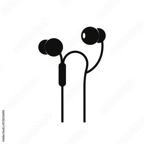 Illustration of wired black ear buds set on transparent background silhouette