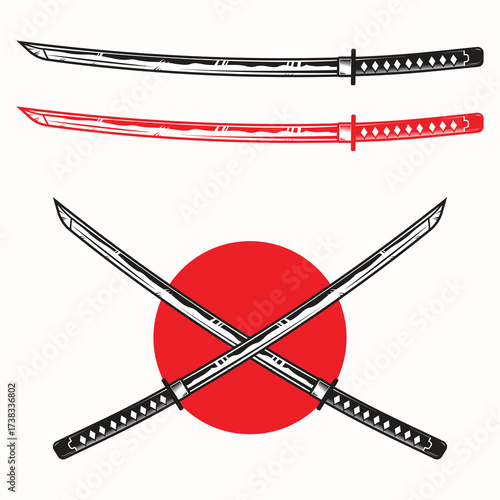 Vector illustration of Japanese katana swords , Clean lines and sharp details reflect samurai spirit, martial arts, and Japanese tradition