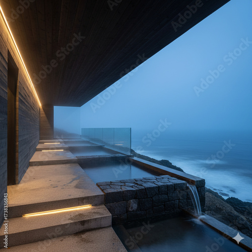 Concrete and natural stone ocean-view sauna spa — minimalist coastal architecture with warm LED lighting, misty seascape, no people