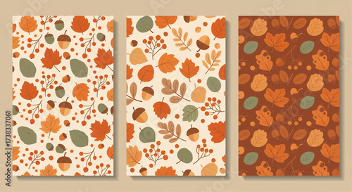 Collection of three charming autumn seamless patterns featuring diverse fall foliage, acorns, and berries, ideal for seasonal textile prints or vibrant decorative backgrounds