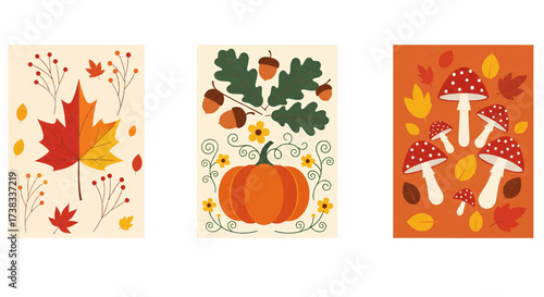 Set of three delightful flat design illustrations celebrating the beauty of autumn, featuring colorful fall leaves, a bountiful harvest pumpkin, and whimsical forest mushrooms