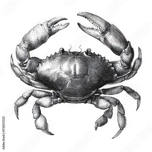 crab with its claws raised, showcasing classic artistic style and intricate line work sketch engraving generative ai PNG illustration. Scratch board imitation. Black and white image on white backgroun