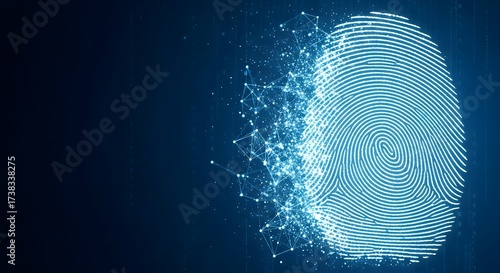 Digital fingerprint dissolving into blue data particles representing identity security and biometric authentication