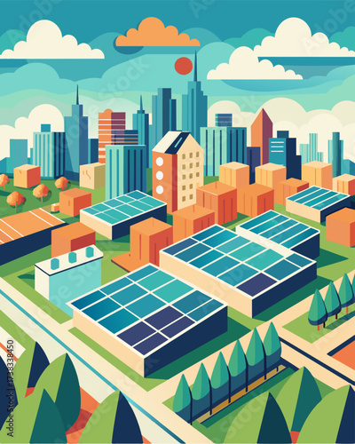 A stunning aerial view of a cityscape showcasing the numerous rooftop farms and their glistening solar panels.. Vector illustration