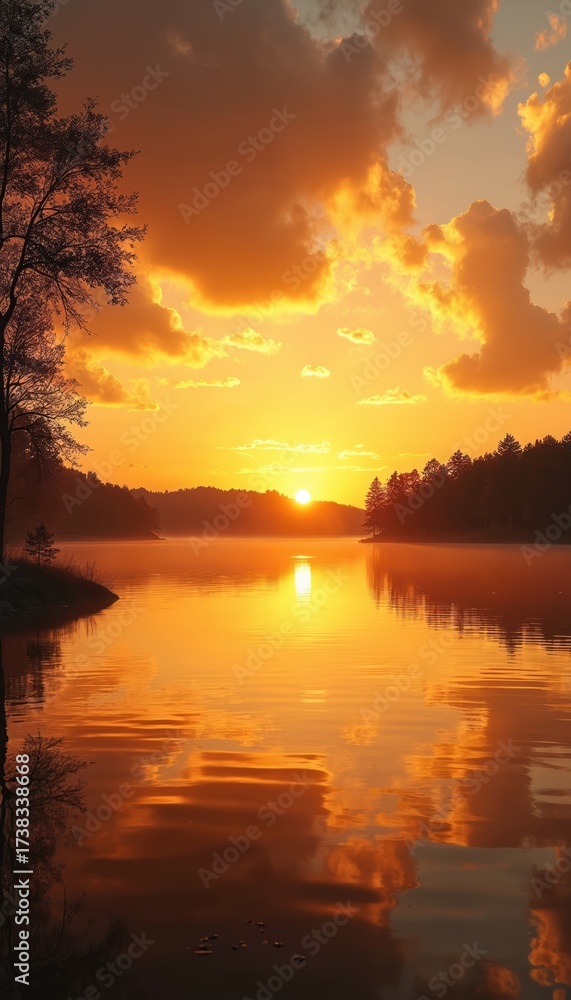 Fototapeta premium Serene lake sunset photo. Trees silhouette against bright sun. The water reflects orange sky. Nature scene is peaceful calm. Golden light illuminates tranquil environment at dusk.