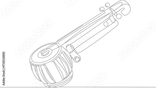 Simple Line Art Sarangi Indian Stringed Instrument Isolated on White Background