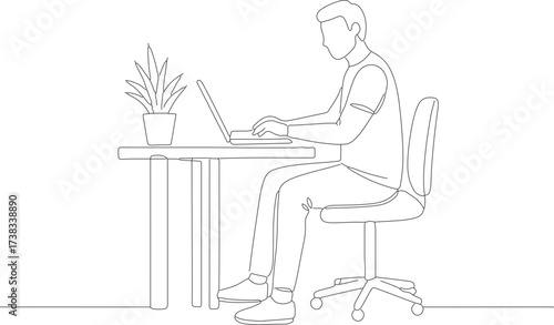 Minimalist Line Art Man Using Laptop at Desk Illustration