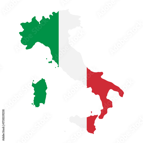 Italy map flag. National Italian flag with boot-shaped country silhouette vector illustration. Mediterranean region sign. Italian political symbol. Geographic Italy identity pictogram.