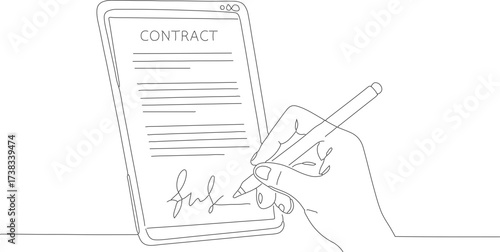 Minimalist Line Art Hand Signing Contract on Tablet Electronic Agreement Concept