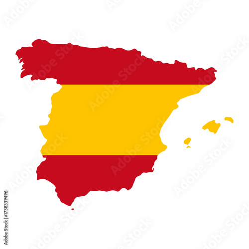 Spain map icon. National territory in red and yellow colors of the Spanish flag vector illustration. Country border sign. European region symbol. Geographic silhouette pictogram.