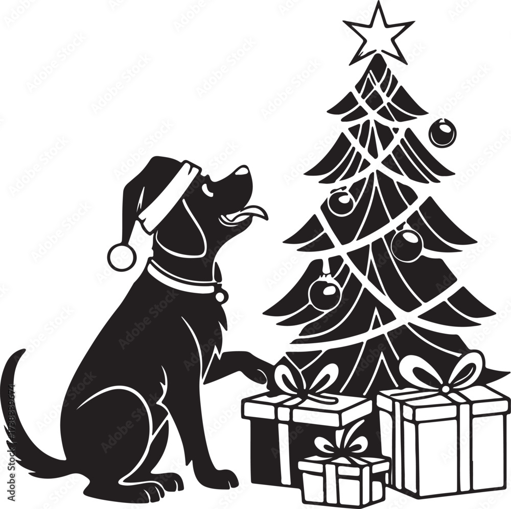 Obraz premium Vector silhouette of a playful dog wearing a Santa hat