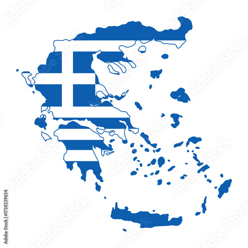 Greece map icon. Country silhouette with national flag pattern vector illustration. Patriotic territory sign. European Mediterranean region symbol. Abstract geographical pictogram.