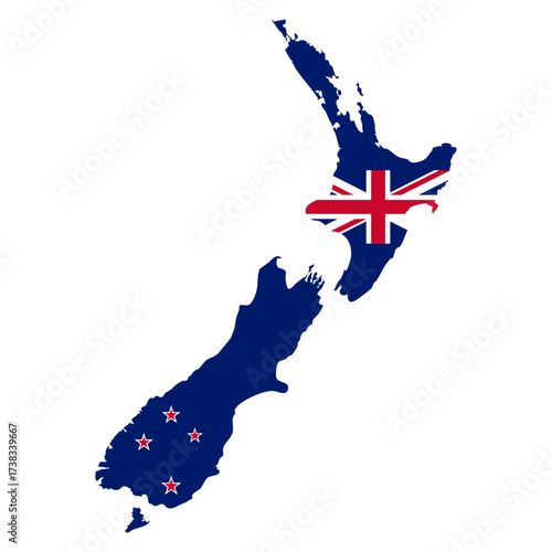 New Zealand icon. National flag inside geographic map shape vector illustration. Country silhouette with patriotic design symbol. Travel and political identity sign. Blue land pictogram.