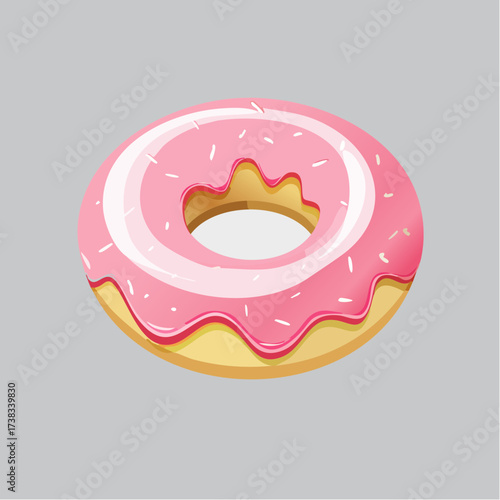 Donut with Pink Icing and Sprinkles on a Gray Background, Close Up Still Life, Simple Vector Illustration