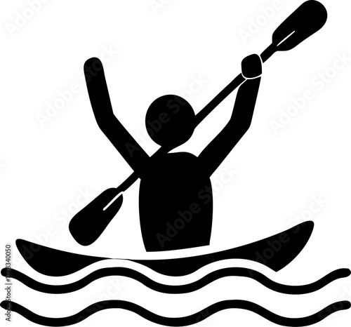 Canoeist raising paddle overhead in victory.