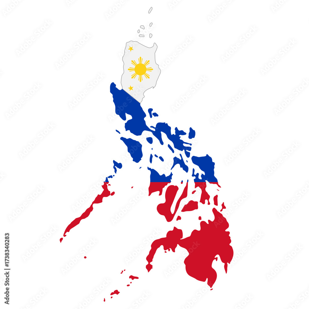 Obraz premium Philippines icon. Stylized map of the country with national flag colors and sun with stars vector illustration. Geographic and patriotic symbol. Travel destination sign. Asian identity pictogram.