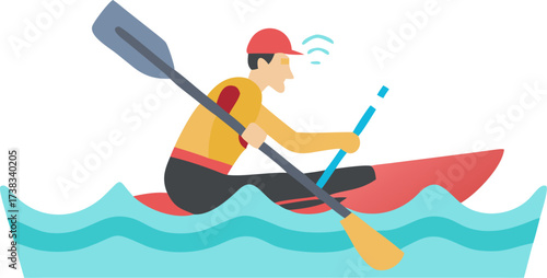 Side view of canoeist balancing in rapid water.