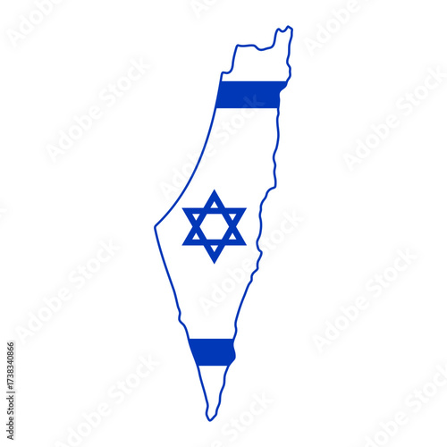 Israel icon. Map silhouette of Israel filled with national flag colors and Star of David vector illustration. Political territory sign. Geographic location symbol. Country shape pictogram.
