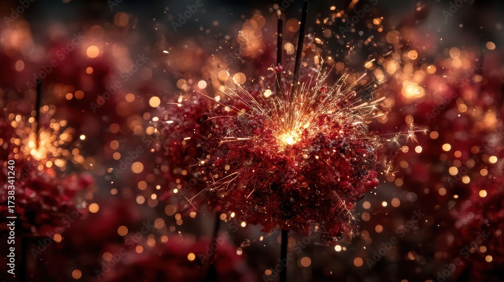 Fototapeta premium Close-up of Explosive Red Flowers with Sparks and Glowing Particles in Dark Background