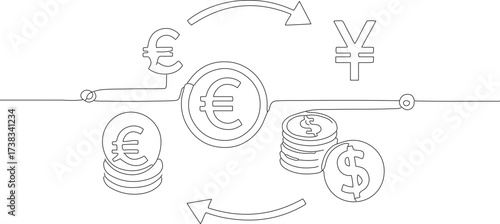 Outline Continuous Line Currency Exchange Flow Between Euro Dollar Yen Finance