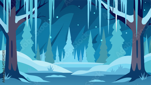 A winter forest adorned with delicate icicles hanging from the branches creating a marvelous display of natural art.