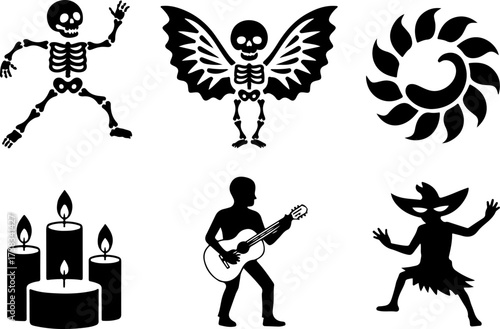 black silhouette bundle of Dancing skeleton, Skull wings, Petal swirl, Altar candles, Guitarist, Mask dancer