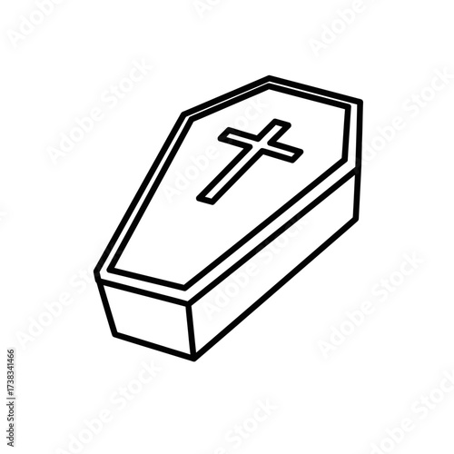Illustration of a coffin with a cross on top, in black and white.
