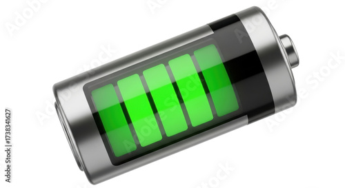 Isolated battery graphic, full charge, metallic style with green indicator showing 100 percent