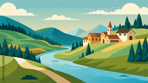 A tranquil riverbank surrounded by rolling hills and quaint villages capturing the essence of a peaceful countryside.