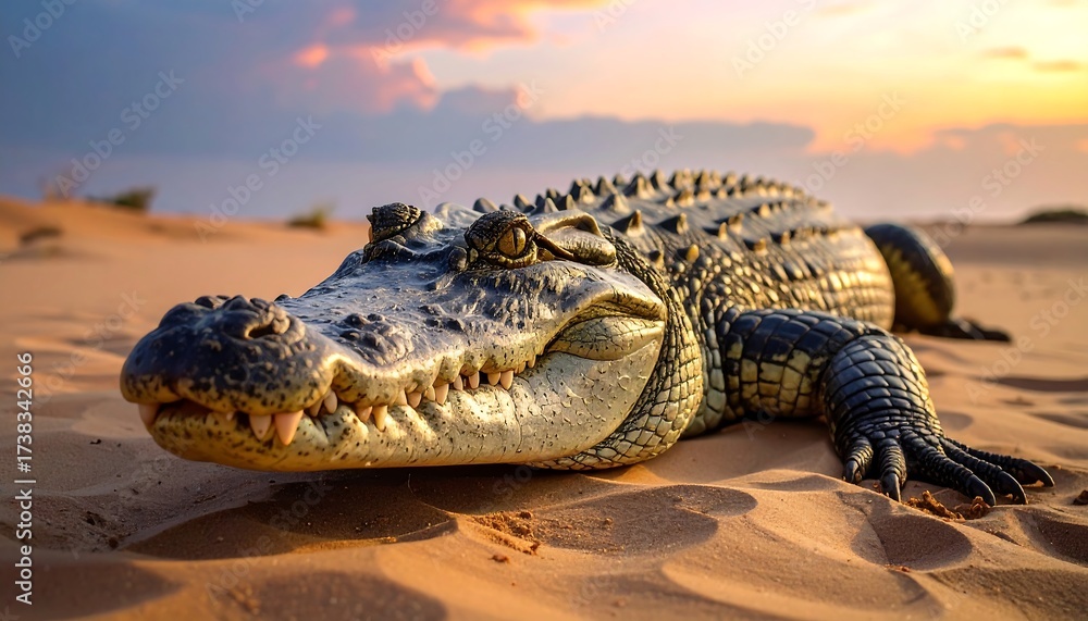 Fototapeta premium Close up of a large crocodile resting on sandy terrain during sunset.