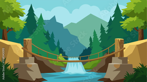 A weathered rope bridge suspended over a rushing creek surrounded by dense forests and towering trees.