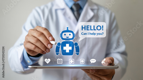 Doctor using virtual medical chatbot for healthcare assistance. This artificial intelligence robot technology offers innovative support and service in modern medicine