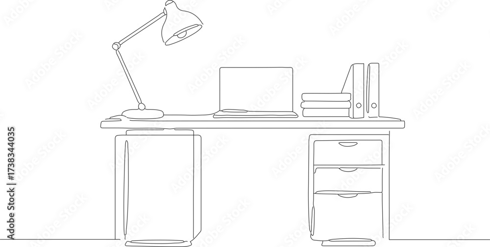 Fototapeta premium Minimalist Line Drawing Desk with Laptop and Lamp Illustration