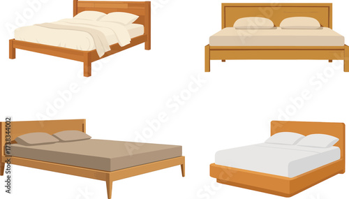 Four different bed styles offer cozy comfort and modern bedroom design inspiration for sleep, relaxation, and interior decor projects alike