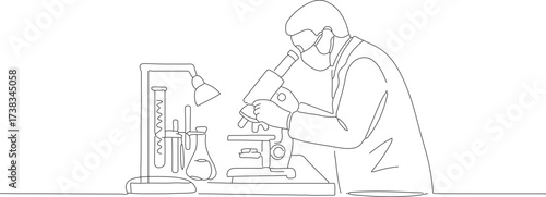 Minimalist One Line Drawing Scientist Using Microscope in Laboratory Illustration