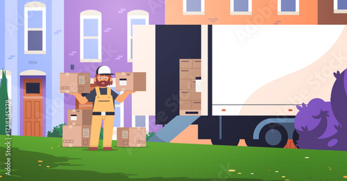 Delivery man unloads truck with goods. Packages delivery vector illustration