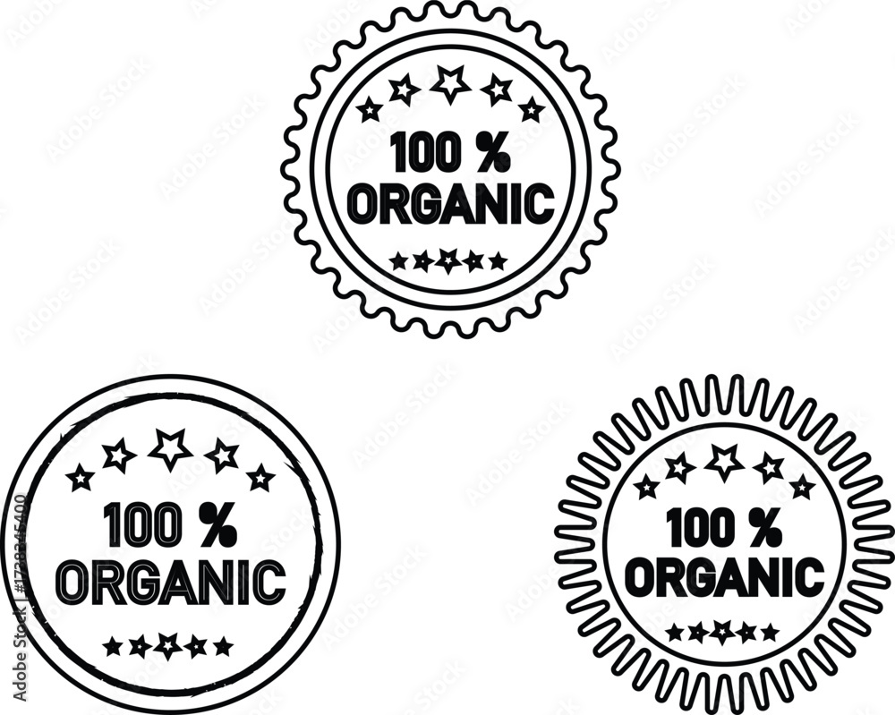 Fototapeta premium 100% organic stamp logo. 100 percen organic logo template illustration. Set 100% Natural and organic Product Vector Icon Circle Sign. Healthy Food Emblem. Organic food Badge. 100% Organic.