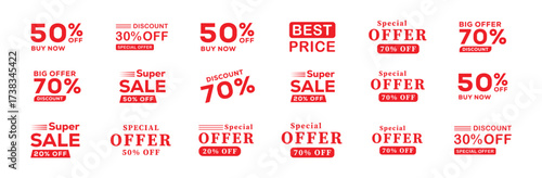 Red Offer Sale sicker, label or badge. Discount Text design. 10, 20, 30, 40, 50, 60, 70, percent price off. Different percent discount sticker discount price tag set. Vector illustration.