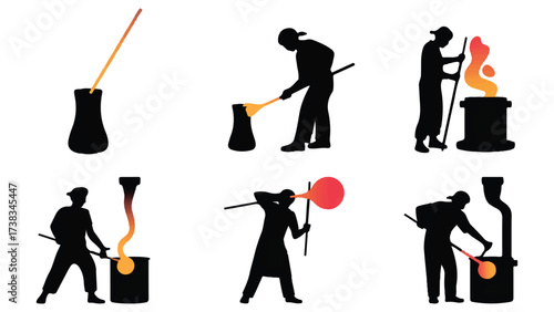 Glassblowing process vector illustration silhouette of artisans shaping molten glass isolated on white background